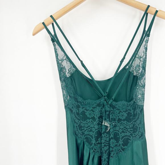 Vintage 90s Victoria's Secret Deep Green Lace Satin Lingerie Slip Dress Medium - Picture 3 of 6